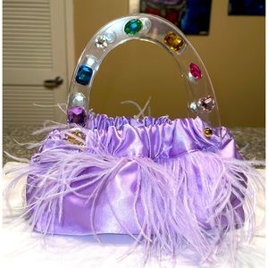 Purple Satin Feather Bag Embellished with Crystals—NWT